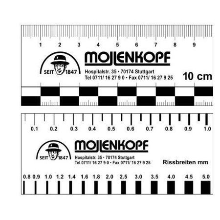 Weißes Maßband mit metrischer Skala und dem Logo von Mojenkopf, inklusive Kontaktinformationen und Rissbreitenmarkierungen