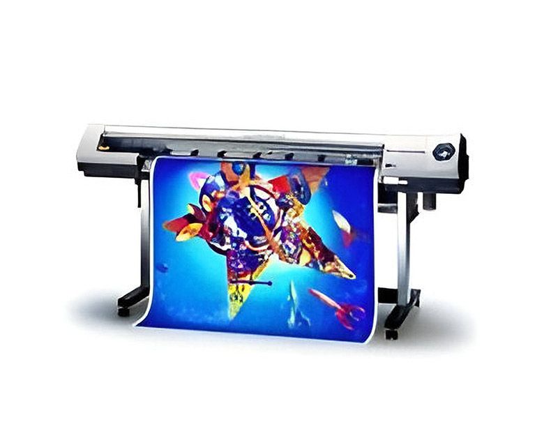 Großformatdrucker, der ein farbenfrohes Poster mit einem abstrakten Sternmotiv und blauem Hintergrund ausdruckt